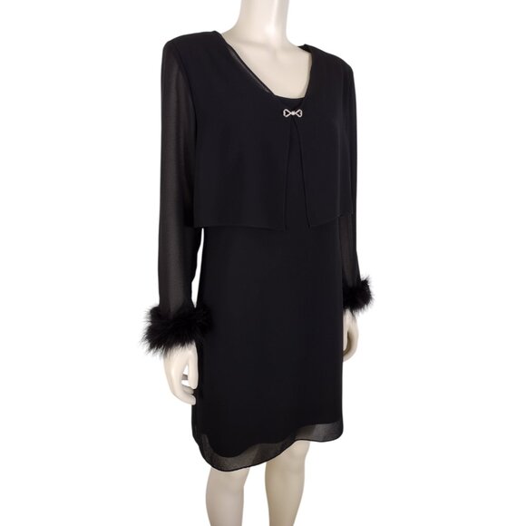 Vintage 1990s Patra Black Feather Cuff Cocktail Shift Dress Size 8P - Picture 2 of 12